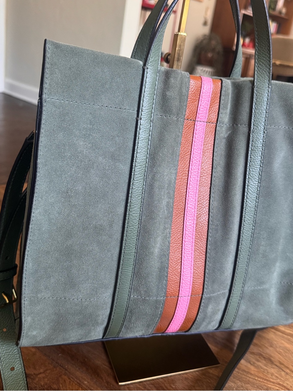Fossil Carmen Shopper Green Suede Pink Leather Stripes Crossbody Top Handle Tote - Picture 3 of 14